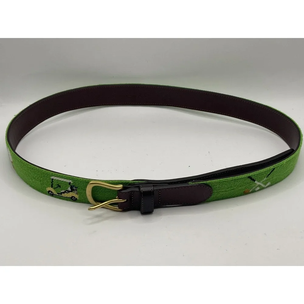 Huck‎ Ventures Men's Golfing Needlepoint Belt 40 Green Hand-stitched Leather